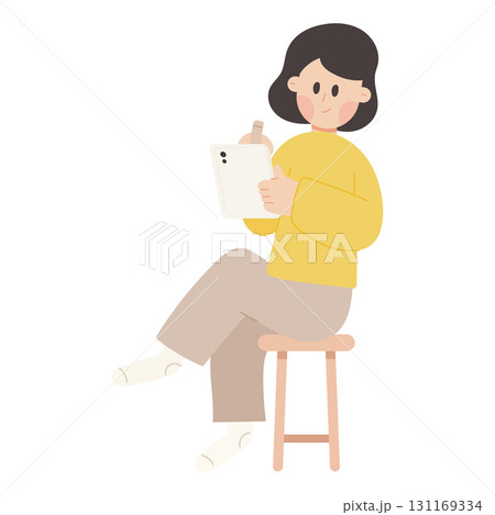 Vector cartoon illustration of a freelance woman working on a tablet. Remote work, freelance job, and digital lifestyle concept. 131169334