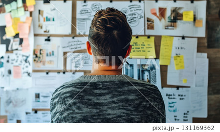 Creative entrepreneur reviewing business plans and ideas on wall filled with notes and charts, reflecting on strategies and goals 131169362