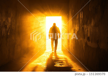 person stepping through doorway into bright, golden light, creating dramatic and hopeful atmosphere 131169370