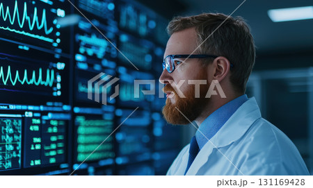 focused healthcare professional analyzes data on digital interface, showcasing advanced technology in medical environment. atmosphere is high tech and professional 131169428
