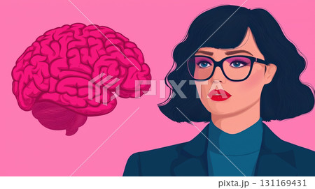 Illustration of woman with glasses and pink brain graphic, symbolizing intelligence and creativity. vibrant colors create striking visual impact Illustration of woman with glasses and pink brain graphic, symbolizing intelligence and creativity. vibrant colors create striking visual impact 131169431