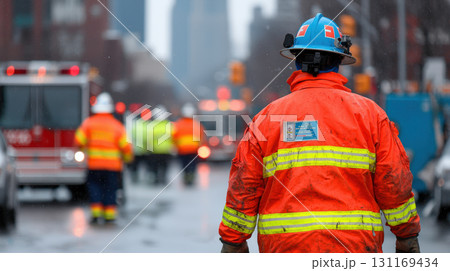 Construction worker in bright orange safety gear on rainy street, with emergency vehicles in background, showcasing scene of urban safety and alertness 131169434