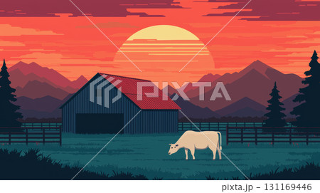 serene sunset over traditional farm with barn and grazing cow, surrounded by mountains and trees, creating peaceful rural atmosphere 131169446