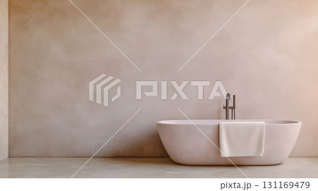 minimalist bathroom featuring sleek, modern bathtub with soft towel draped over it. warm, neutral tones create calming atmosphere, perfect for relaxation 131169479