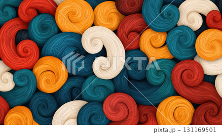 Colorful swirling patterns create vibrant abstract digital art piece, featuring rich hues of red, blue, yellow, and cream. dynamic shapes evoke sense of movement and creativity 131169501