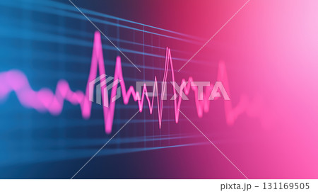 Digital health data visualization with vibrant pink and blue heartbeat graph. This represents analysis of health screening data, showcasing trends and insights 131169505