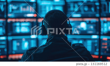 person wearing headphones sits in front of multiple screens displaying data and graphs in futuristic office environment. blue lighting creates high tech atmosphere 131169512