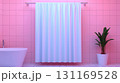 cheerful bathroom scene featuring white shower curtain, pink tiles, and green plant. vibrant colors create refreshing and inviting atmosphere 131169528