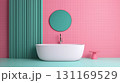 cheerful bathroom scene featuring modern bathtub, vibrant pink and teal walls, and round mirror. playful colors create refreshing atmosphere 131169529