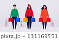 Festive shopping scene with cheerful shoppers holding colorful bags. atmosphere is joyful, featuring Christmas trees and wintery backdrop 131169551