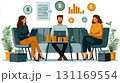 Financial advisor discussing investment strategies with clients, showcasing gold and financial growth. Engaging atmosphere with charts and currency symbols 131169554