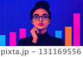 financial analyst presenting report with colorful graphs in background, showcasing data analysis and professional insight 131169556