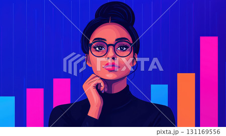 financial analyst presenting report with colorful graphs in background, showcasing data analysis and professional insight 131169556