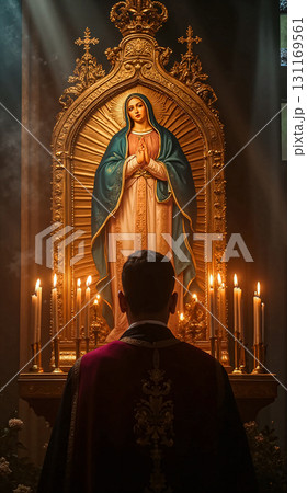 Praying priest before a religious icon of virgin Mary. The priest stands before a richly decorated icon of the Virgin Mary, dressed in blue and white robes in a gold frame. 131169561