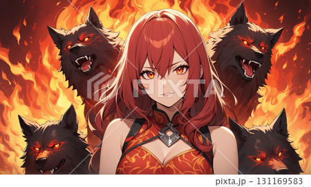 炎を背にノースリーブの少女と数匹の黒犬、力と威厳を象徴する光景 131169583