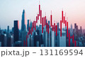 Futuristic city skyline with financial chart overlay, showcasing market trends and data analysis. vibrant red bars represent stock fluctuations against blurred urban backdrop 131169594