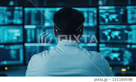 professional observing data on multiple screens in modern office environment, showcasing technology and analytics 131169596