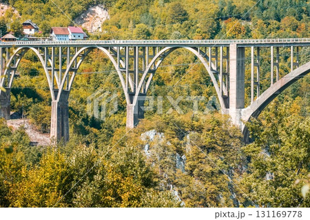 Stone bridge in Durmitor National Park Montenegro with autumn forest. 131169778