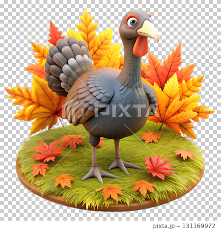 Cute 3d cartoon turkey standing amidst colorful maple autumn leaves, thanksgiving holiday concept isolated Cute 3d cartoon turkey standing amidst colorful maple autumn leaves, thanksgiving holiday concept isolated 131169972