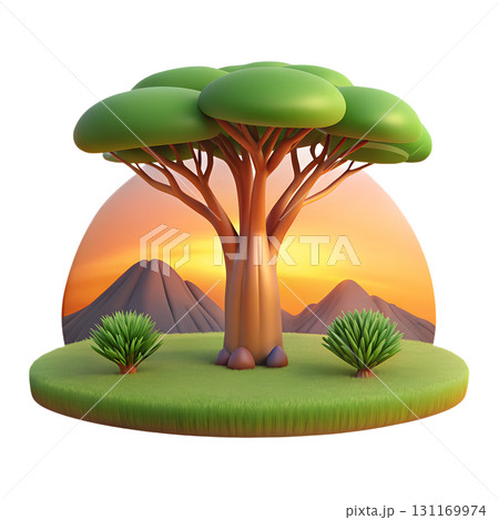 Stylized 3d baobab trees silhouette against vibrant sunset landscape, african savanna scene with warm colors 131169974