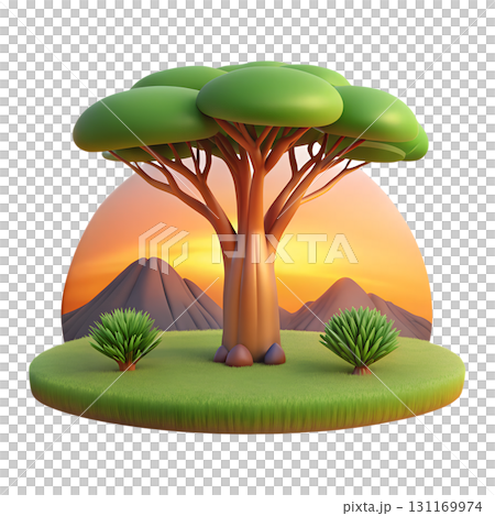 Stylized 3d baobab trees silhouette against vibrant sunset landscape, african savanna scene with warm colors 131169974