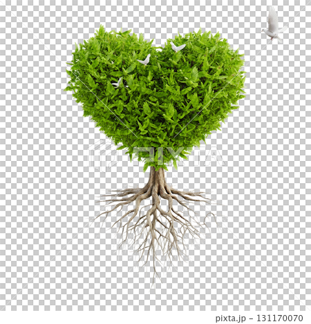 一棵心形的綠樹，上面棲息著一隻鴿子 131170070