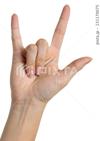 Rock n' roll hand sign gesture, index and pinky finger raised, music festival symbol isolated on transparent background 131170075