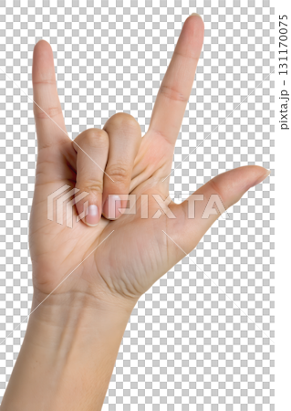 Rock n' roll hand sign gesture, index and pinky finger raised, music festival symbol isolated on transparent background 131170075