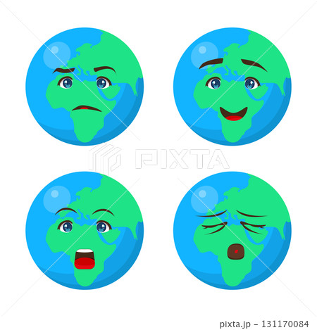 Set of Earth planet illustrations with 4 different facial emotions and expressions. Perfect for children, school projects, educational materials, and posters 131170084