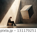 Depressed person sitting alone in beam of light 131170251