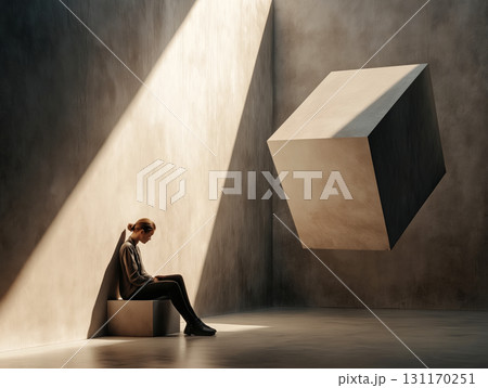 Depressed person sitting alone in beam of light 131170251