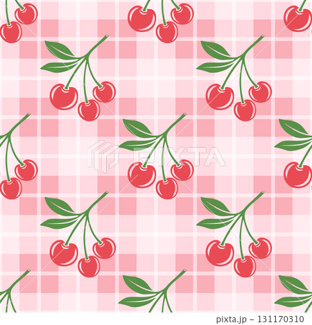 Vector Seamless Pattern with Cutout Cherry. Single, Pair of Cherries and Cluster of Cherries with Leaves , Repeated Print. Cherry Art, Design Template, Vector Illustration 131170310