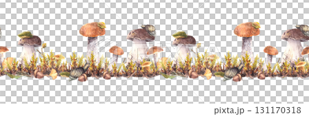 Snail on cap of porcini and boletus mushroom with forest moos seamless border. Watercolor nature scene with slug and autumn leaves. Watercolor hand drawn illustration on isolated white background 131170318