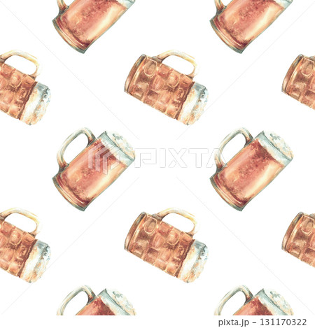 Beer mug with light beer and foam seamless pattern. Watercolor litre of beer, a pint of ale, traditional drink at the Oktoberfest festival. Hand drawn illustration fabric on isolated white background Beer mug with light beer and foam seamless pattern. Watercolor litre of beer, a pint of ale, traditional drink at the Oktoberfest festival. Hand drawn illustration fabric on isolated white background 131170322