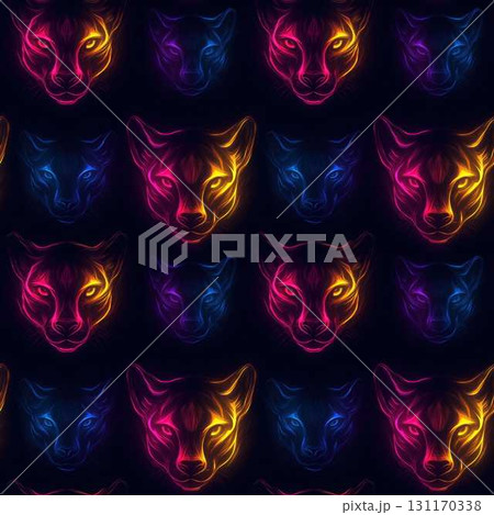 Seamless Neon Jungle Animals Pattern with Civet Faces in Vibrant Colors on Dark Background Modern Art Wallpaper 131170338