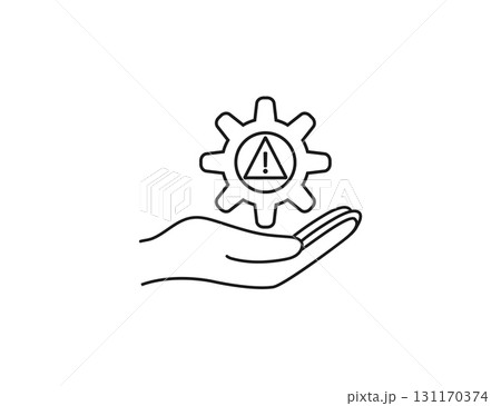Hand Holding Gear With Warning Icon, Safety. Hand Holding Gear With Warning Icon, Safety. 131170374