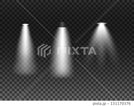 Three Dramatic Spotlights Shine Down In A Dark Background For Stage Lighting Mockup. 131170376
