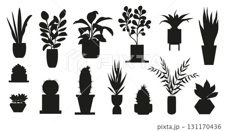 Several black silhouettes of houseplants of different species growing in pots of different shapes, for office or home decoration, creating a modern and stylish look Several black silhouettes of houseplants of different species growing in pots of different shapes, for office or home decoration, creating a modern and stylish look 131170436