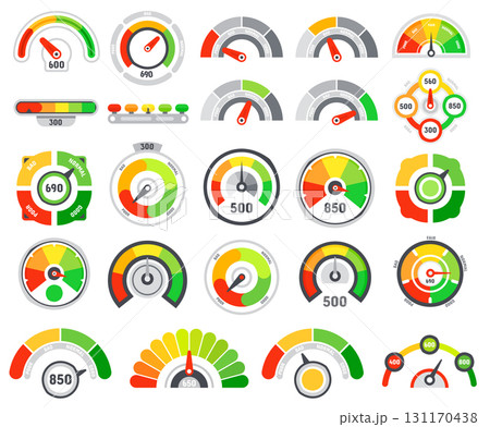 Collection featuring vibrant credit score indicators, illustrating various rating levels from poor to good, utilizing both speedometer and bar chart designs for effective visualization Collection featuring vibrant credit score indicators, illustrating various rating levels from poor to good, utilizing both speedometer and bar chart designs for effective visualization 131170438
