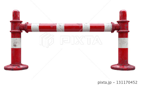 Red and white barricade isolated on a white background used for traffic control and construction safety 131170452