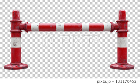 Red and white barricade isolated on a white background used for traffic control and construction safety 131170452