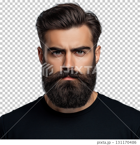 Handsome man with a full beard, serious expression and dark shirt on a neutral background Handsome man with a full beard, serious expression and dark shirt on a neutral background 131170486