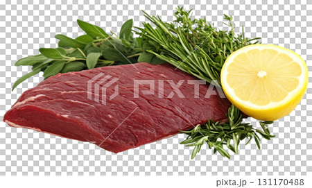 Fresh beef steak with herbs and lemon ready for cooking and marinating in a kitchen 131170488