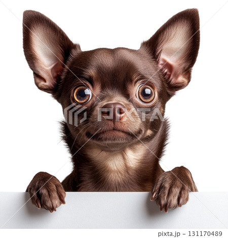 Charming brown chihuahua with large eyes eagerly peeking over a white surface, showcasing its playful personality 131170489