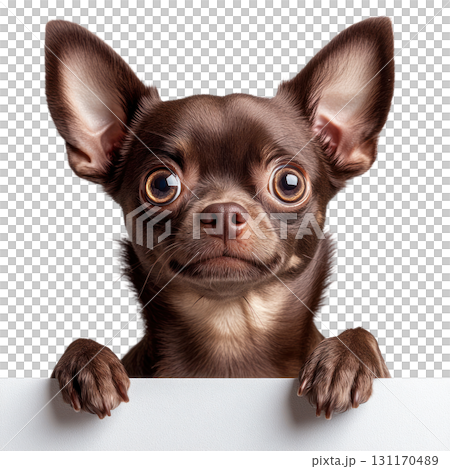 Charming brown chihuahua with large eyes eagerly peeking over a white surface, showcasing its playful personality 131170489