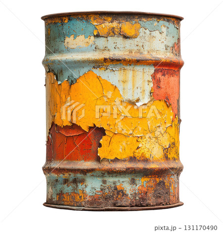 Colorful vintage oil barrel with peeling paint isolated on white background 131170490