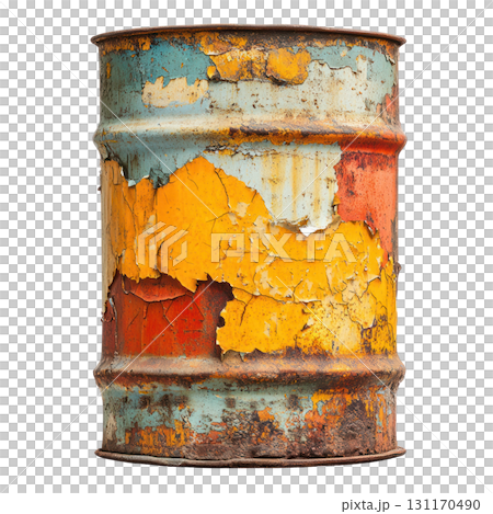 Colorful vintage oil barrel with peeling paint isolated on white background 131170490