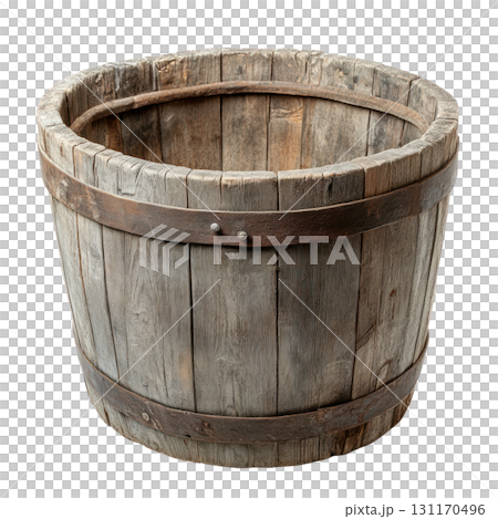 Wooden barrel on a white background used for storage or decoration indoors and outdoors 131170496