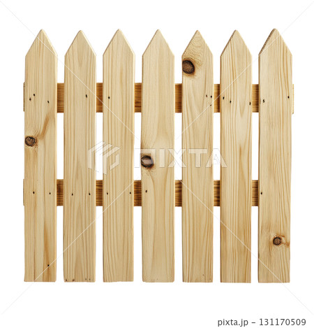 Wooden picket fence panel isolated on white background suitable for various outdoor settings 131170509