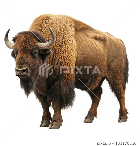 Majestic bison stands proud in isolated landscape with a thick fur coat during daylight hours 131170510